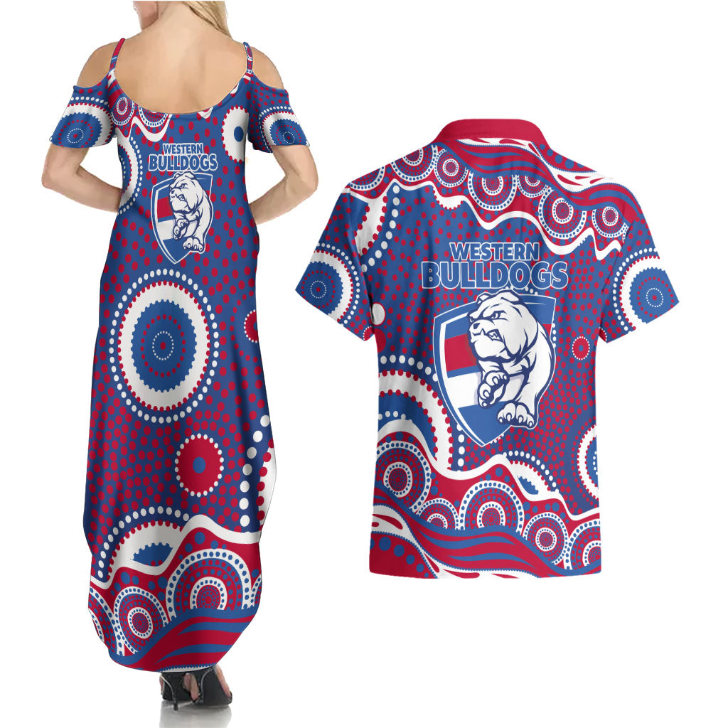 Western Bulldogs Couples Matching Summer Maxi Dress and Hawaiian Shirt Aboriginal Dot Pattern - Football Mascot Heritage Pride