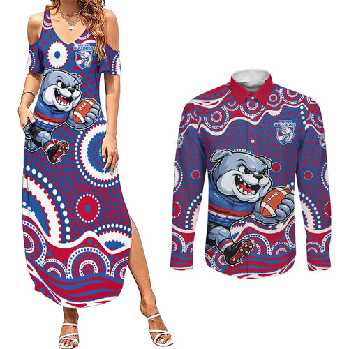 Western Bulldogs Couples Matching Summer Maxi Dress and Long Sleeve Button Shirt Aboriginal Dot Pattern - Football Mascot Heritage Pride