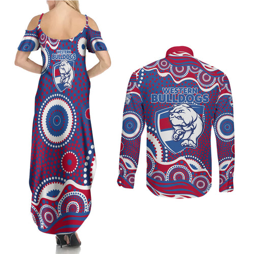 Western Bulldogs Couples Matching Summer Maxi Dress and Long Sleeve Button Shirt Aboriginal Dot Pattern - Football Mascot Heritage Pride