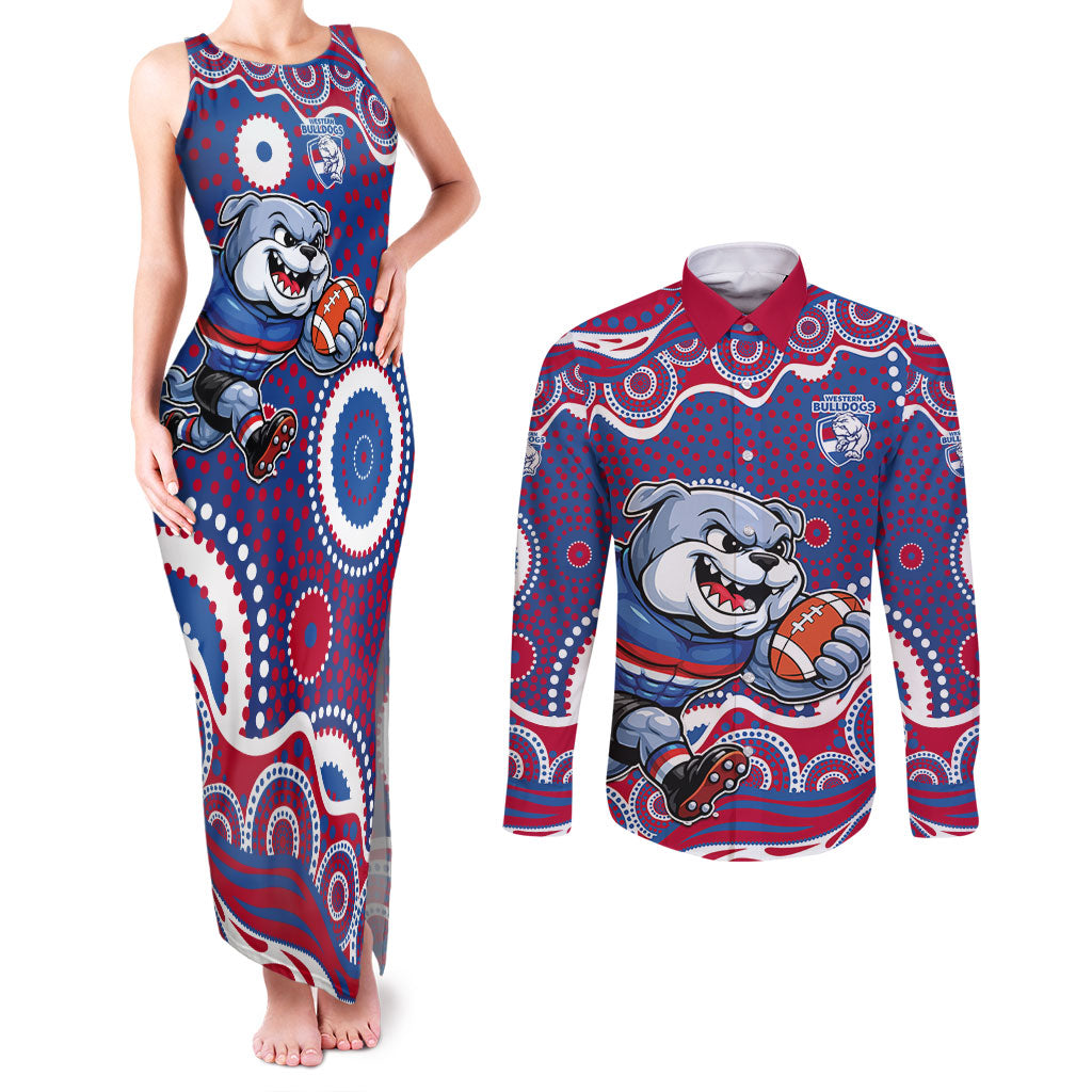 Western Bulldogs Couples Matching Tank Maxi Dress and Long Sleeve Button Shirt Aboriginal Dot Pattern - Football Mascot Heritage Pride
