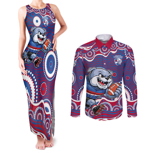 Western Bulldogs Couples Matching Tank Maxi Dress and Long Sleeve Button Shirt Aboriginal Dot Pattern - Football Mascot Heritage Pride