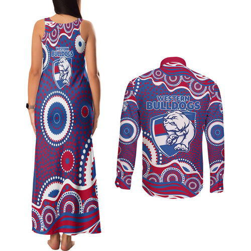 Western Bulldogs Couples Matching Tank Maxi Dress and Long Sleeve Button Shirt Aboriginal Dot Pattern - Football Mascot Heritage Pride