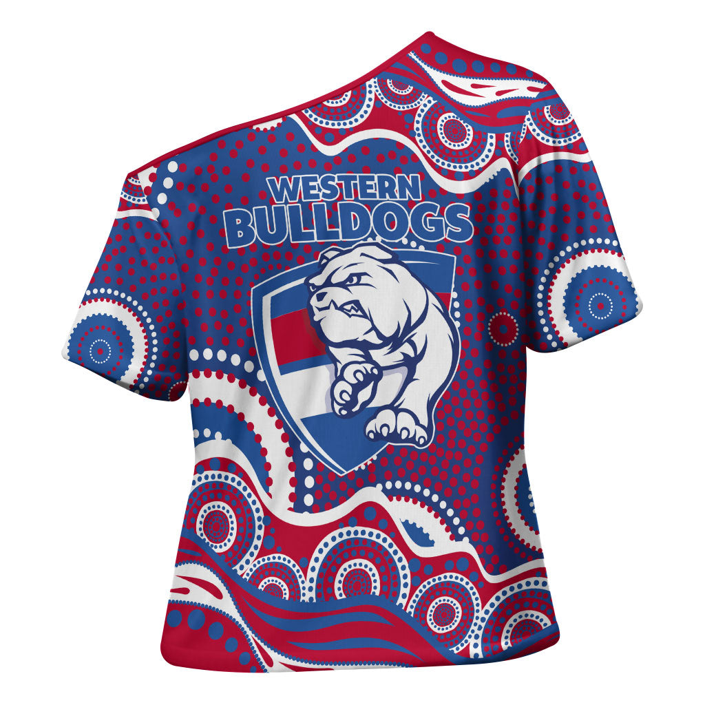 Western Bulldogs Cross Shoulder Shirt Aboriginal Dot Pattern - Football Mascot Heritage Pride