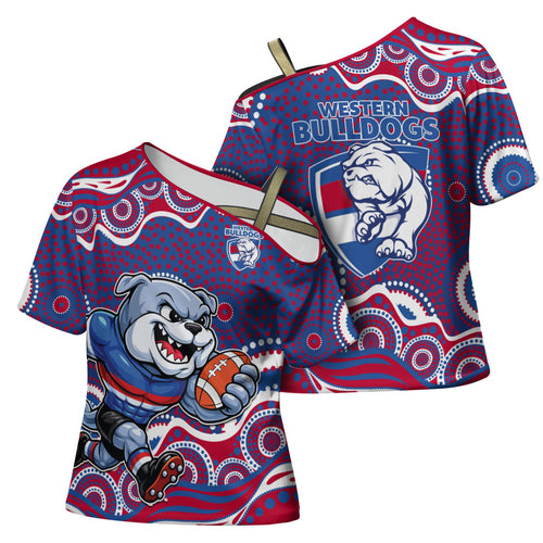 Western Bulldogs Cross Shoulder Shirt Aboriginal Dot Pattern - Football Mascot Heritage Pride