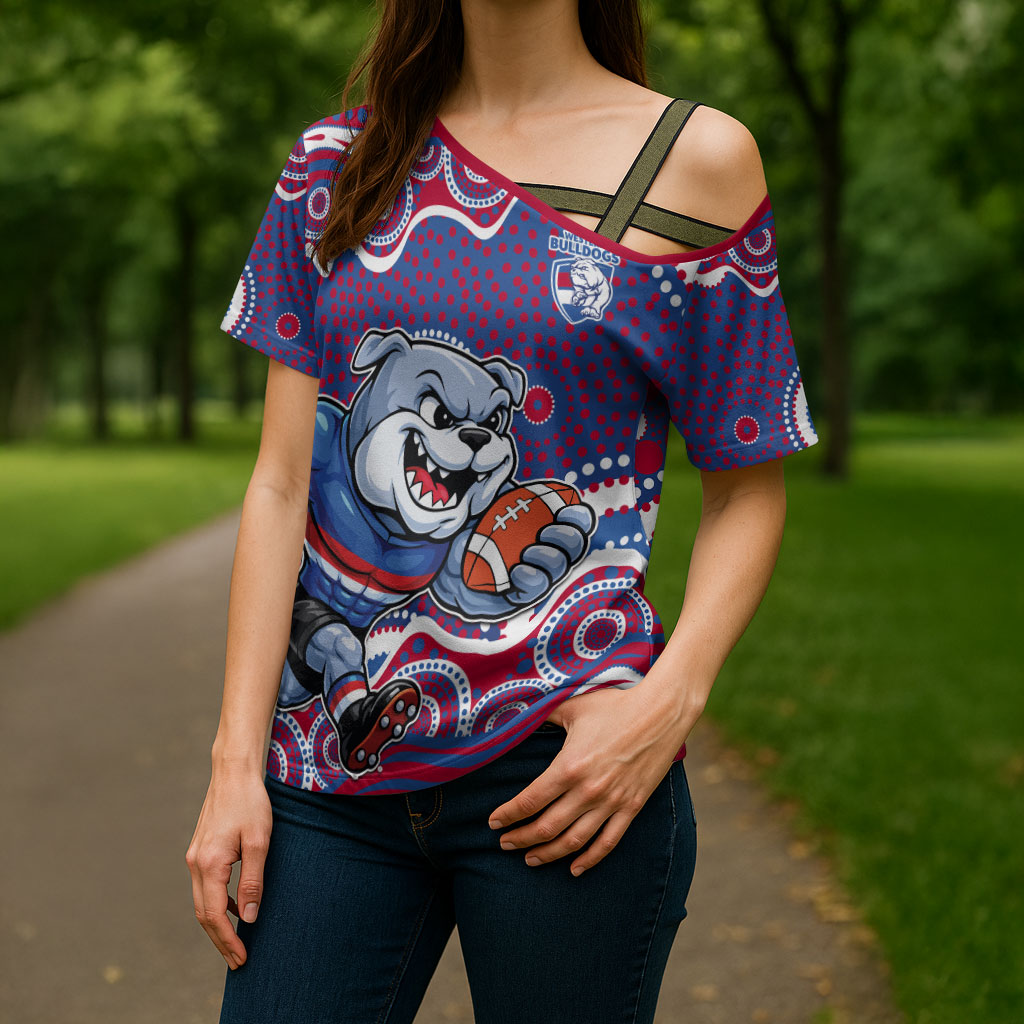 Western Bulldogs Cross Shoulder Shirt Aboriginal Dot Pattern - Football Mascot Heritage Pride