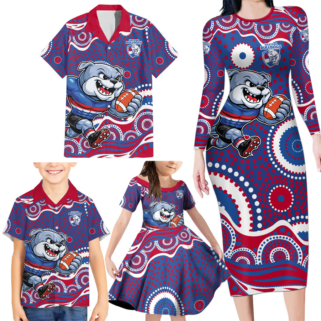 Western Bulldogs Family Matching Long Sleeve Bodycon Dress and Hawaiian Shirt Aboriginal Dot Pattern - Football Mascot Heritage Pride