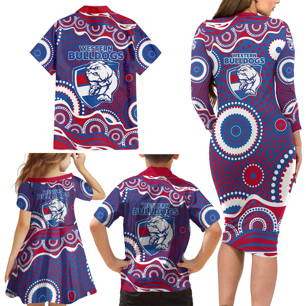 Western Bulldogs Family Matching Long Sleeve Bodycon Dress and Hawaiian Shirt Aboriginal Dot Pattern - Football Mascot Heritage Pride