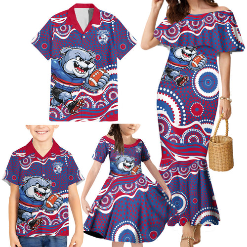Western Bulldogs Family Matching Mermaid Dress and Hawaiian Shirt Aboriginal Dot Pattern - Football Mascot Heritage Pride