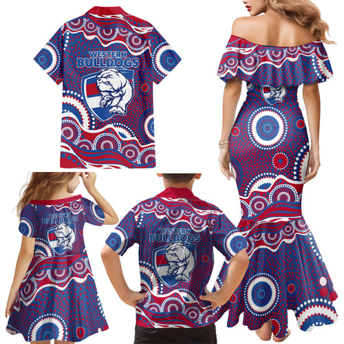 Western Bulldogs Family Matching Mermaid Dress and Hawaiian Shirt Aboriginal Dot Pattern - Football Mascot Heritage Pride