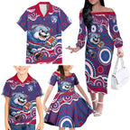 Western Bulldogs Family Matching Off The Shoulder Long Sleeve Dress and Hawaiian Shirt Aboriginal Dot Pattern - Football Mascot Heritage Pride