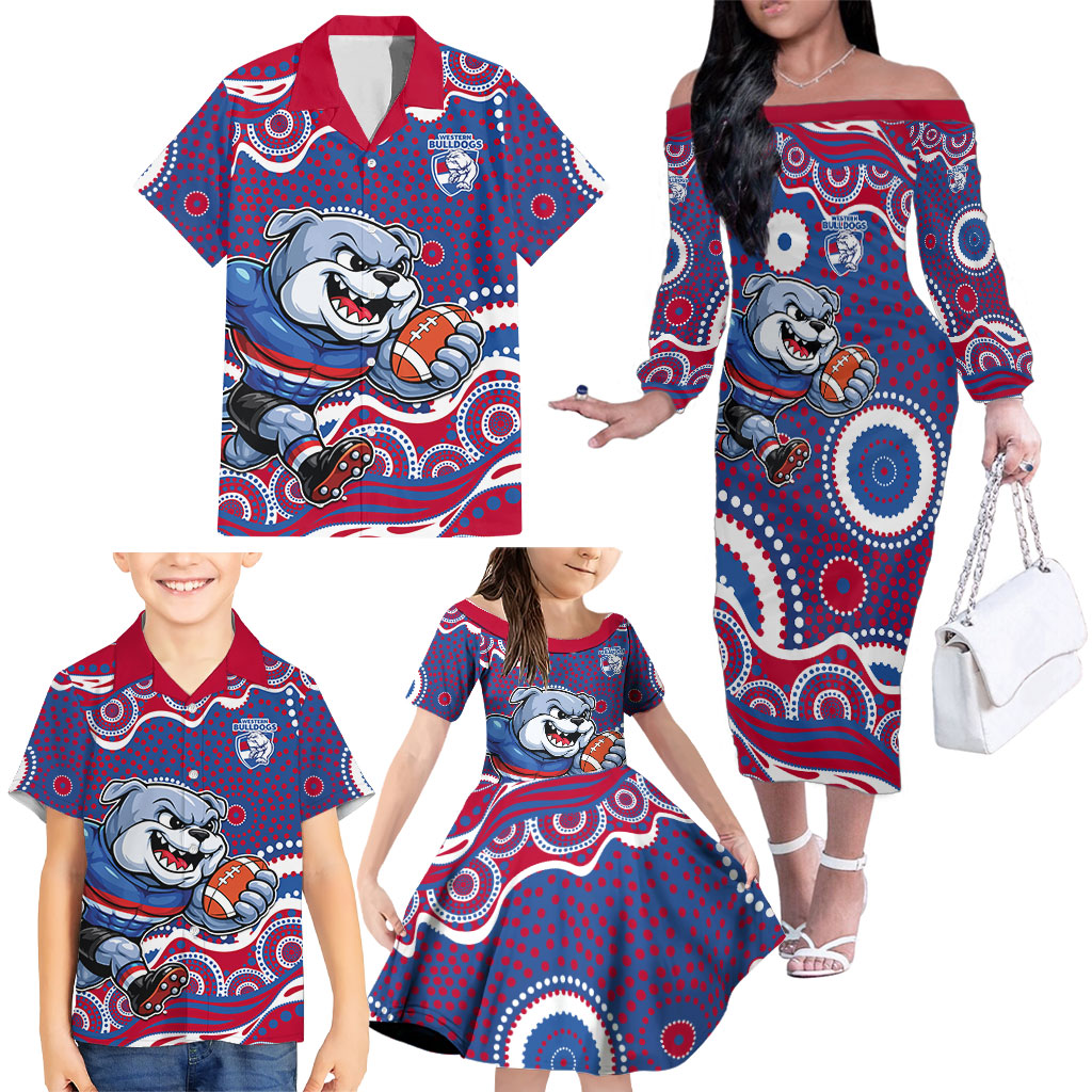 Western Bulldogs Family Matching Off The Shoulder Long Sleeve Dress and Hawaiian Shirt Aboriginal Dot Pattern - Football Mascot Heritage Pride