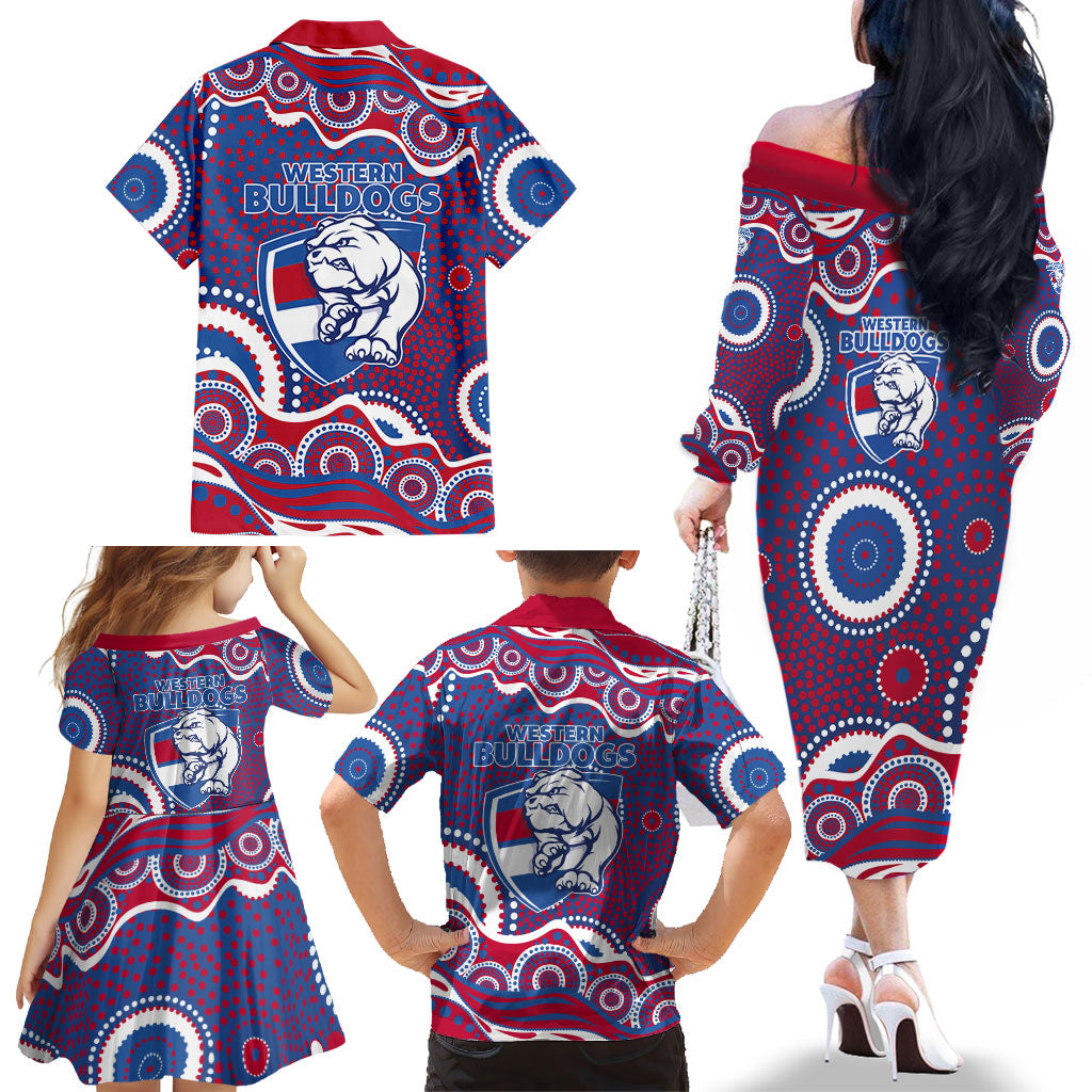 Western Bulldogs Family Matching Off The Shoulder Long Sleeve Dress and Hawaiian Shirt Aboriginal Dot Pattern - Football Mascot Heritage Pride