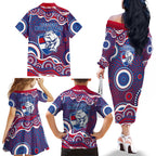 Western Bulldogs Family Matching Off The Shoulder Long Sleeve Dress and Hawaiian Shirt Aboriginal Dot Pattern - Football Mascot Heritage Pride