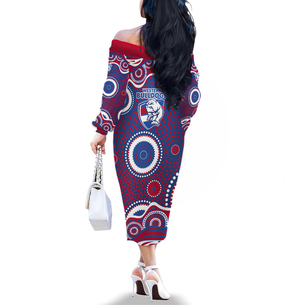 Western Bulldogs Family Matching Off The Shoulder Long Sleeve Dress and Hawaiian Shirt Aboriginal Dot Pattern - Football Mascot Heritage Pride