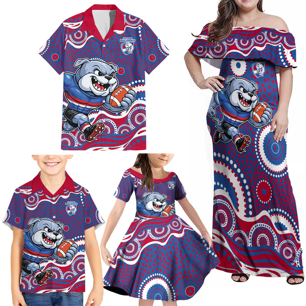 Western Bulldogs Family Matching Off Shoulder Maxi Dress and Hawaiian Shirt Aboriginal Dot Pattern - Football Mascot Heritage Pride