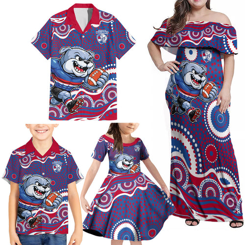 Western Bulldogs Family Matching Off Shoulder Maxi Dress and Hawaiian Shirt Aboriginal Dot Pattern - Football Mascot Heritage Pride