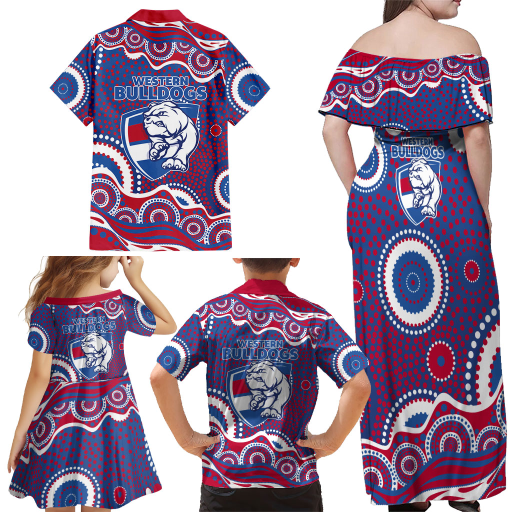 Western Bulldogs Family Matching Off Shoulder Maxi Dress and Hawaiian Shirt Aboriginal Dot Pattern - Football Mascot Heritage Pride