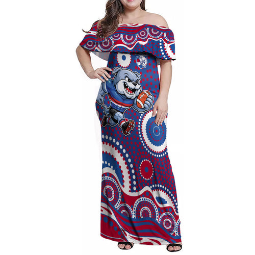 Western Bulldogs Family Matching Off Shoulder Maxi Dress and Hawaiian Shirt Aboriginal Dot Pattern - Football Mascot Heritage Pride