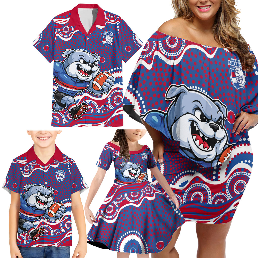 Western Bulldogs Family Matching Off Shoulder Short Dress and Hawaiian Shirt Aboriginal Dot Pattern - Football Mascot Heritage Pride