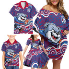 Western Bulldogs Family Matching Off Shoulder Short Dress and Hawaiian Shirt Aboriginal Dot Pattern - Football Mascot Heritage Pride
