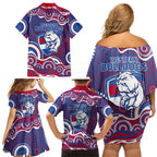 Western Bulldogs Family Matching Off Shoulder Short Dress and Hawaiian Shirt Aboriginal Dot Pattern - Football Mascot Heritage Pride