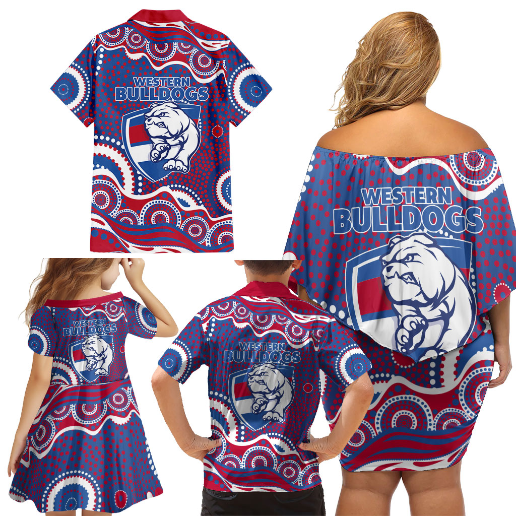 Western Bulldogs Family Matching Off Shoulder Short Dress and Hawaiian Shirt Aboriginal Dot Pattern - Football Mascot Heritage Pride