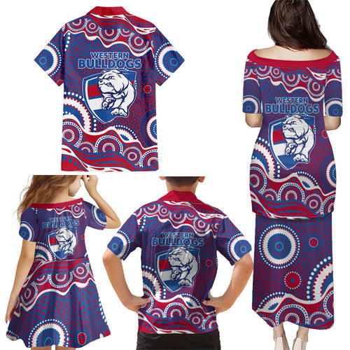 Western Bulldogs Family Matching Puletasi and Hawaiian Shirt Aboriginal Dot Pattern - Football Mascot Heritage Pride