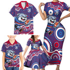 Western Bulldogs Family Matching Short Sleeve Bodycon Dress and Hawaiian Shirt Aboriginal Dot Pattern - Football Mascot Heritage Pride