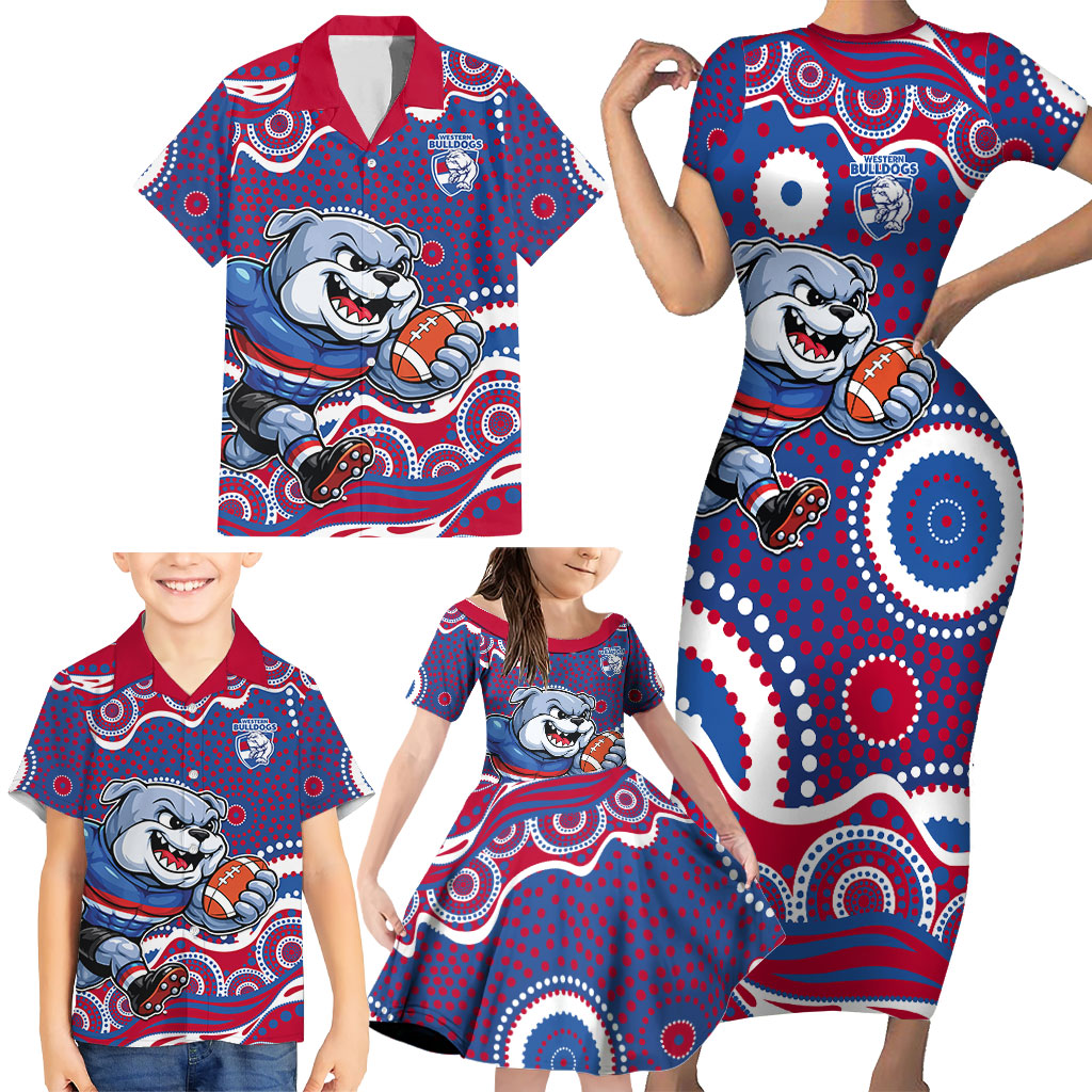 Western Bulldogs Family Matching Short Sleeve Bodycon Dress and Hawaiian Shirt Aboriginal Dot Pattern - Football Mascot Heritage Pride