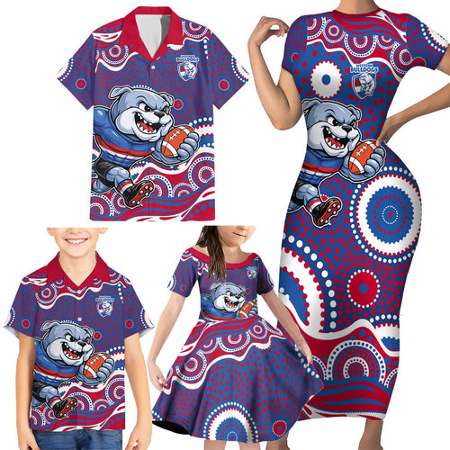 Western Bulldogs Family Matching Short Sleeve Bodycon Dress and Hawaiian Shirt Aboriginal Dot Pattern - Football Mascot Heritage Pride