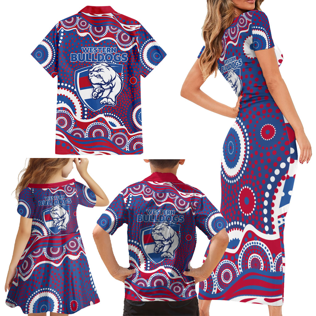 Western Bulldogs Family Matching Short Sleeve Bodycon Dress and Hawaiian Shirt Aboriginal Dot Pattern - Football Mascot Heritage Pride