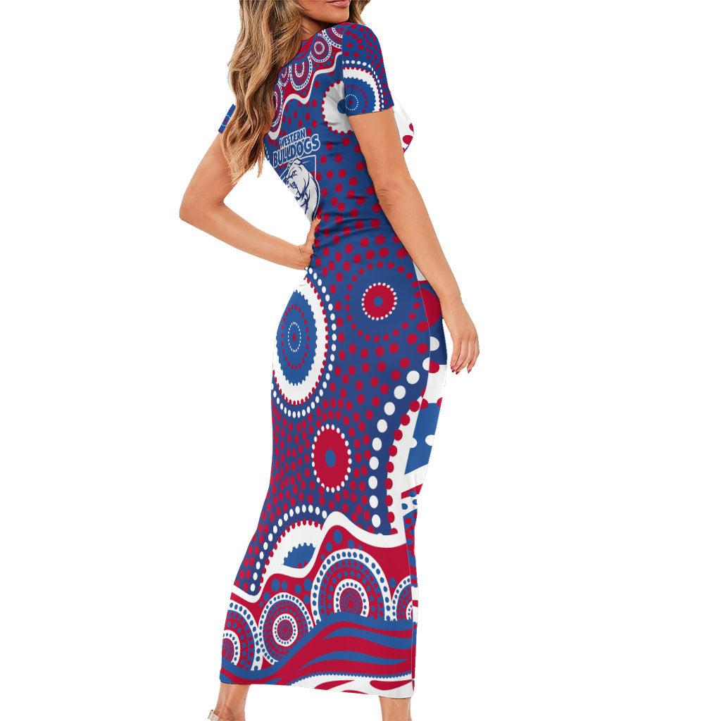 Western Bulldogs Family Matching Short Sleeve Bodycon Dress and Hawaiian Shirt Aboriginal Dot Pattern - Football Mascot Heritage Pride