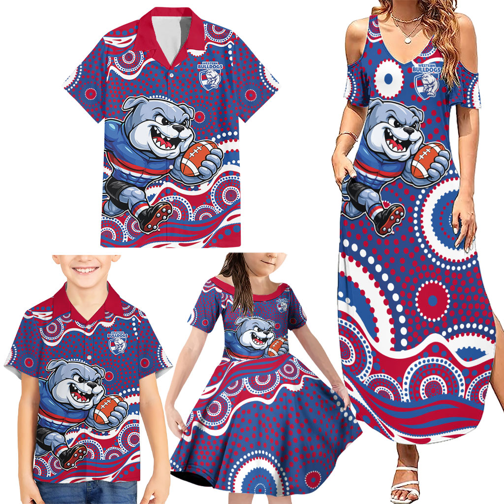 Western Bulldogs Family Matching Summer Maxi Dress and Hawaiian Shirt Aboriginal Dot Pattern - Football Mascot Heritage Pride