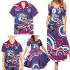 Western Bulldogs Family Matching Summer Maxi Dress and Hawaiian Shirt Aboriginal Dot Pattern - Football Mascot Heritage Pride