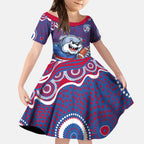 Western Bulldogs Kid Short Sleeve Dress Aboriginal Dot Pattern - Football Mascot Heritage Pride