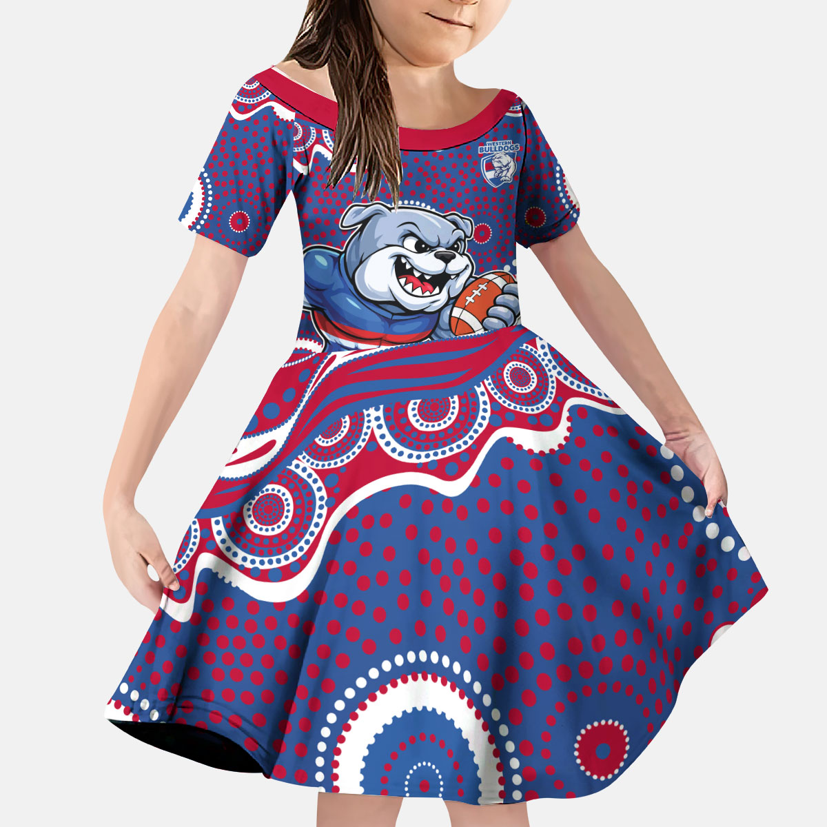 Western Bulldogs Kid Short Sleeve Dress Aboriginal Dot Pattern - Football Mascot Heritage Pride