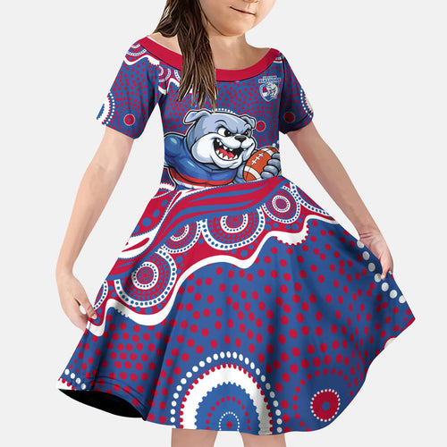 Western Bulldogs Kid Short Sleeve Dress Aboriginal Dot Pattern - Football Mascot Heritage Pride