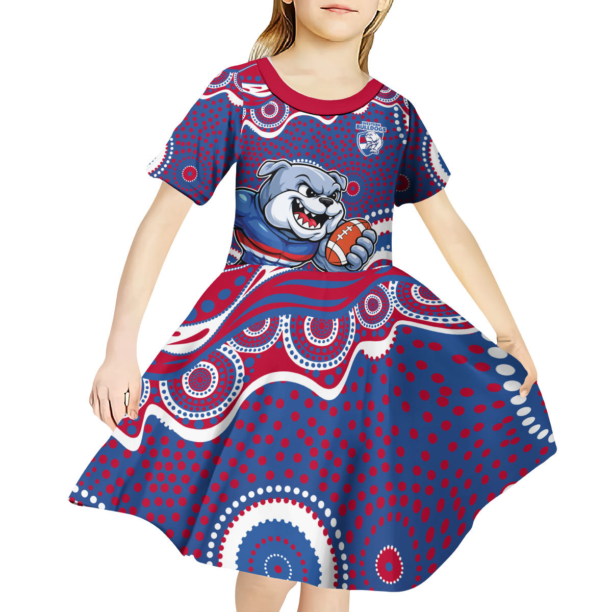 Western Bulldogs Kid Short Sleeve Dress Aboriginal Dot Pattern - Football Mascot Heritage Pride