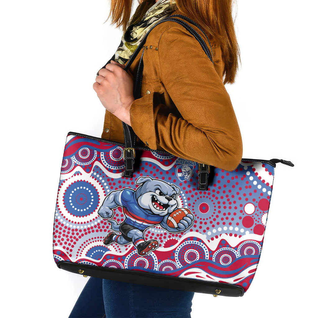 Western Bulldogs Leather Tote Bag Aboriginal Dot Pattern - Football Mascot Heritage Pride