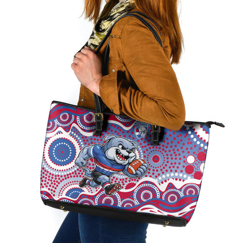 Western Bulldogs Leather Tote Bag Aboriginal Dot Pattern - Football Mascot Heritage Pride