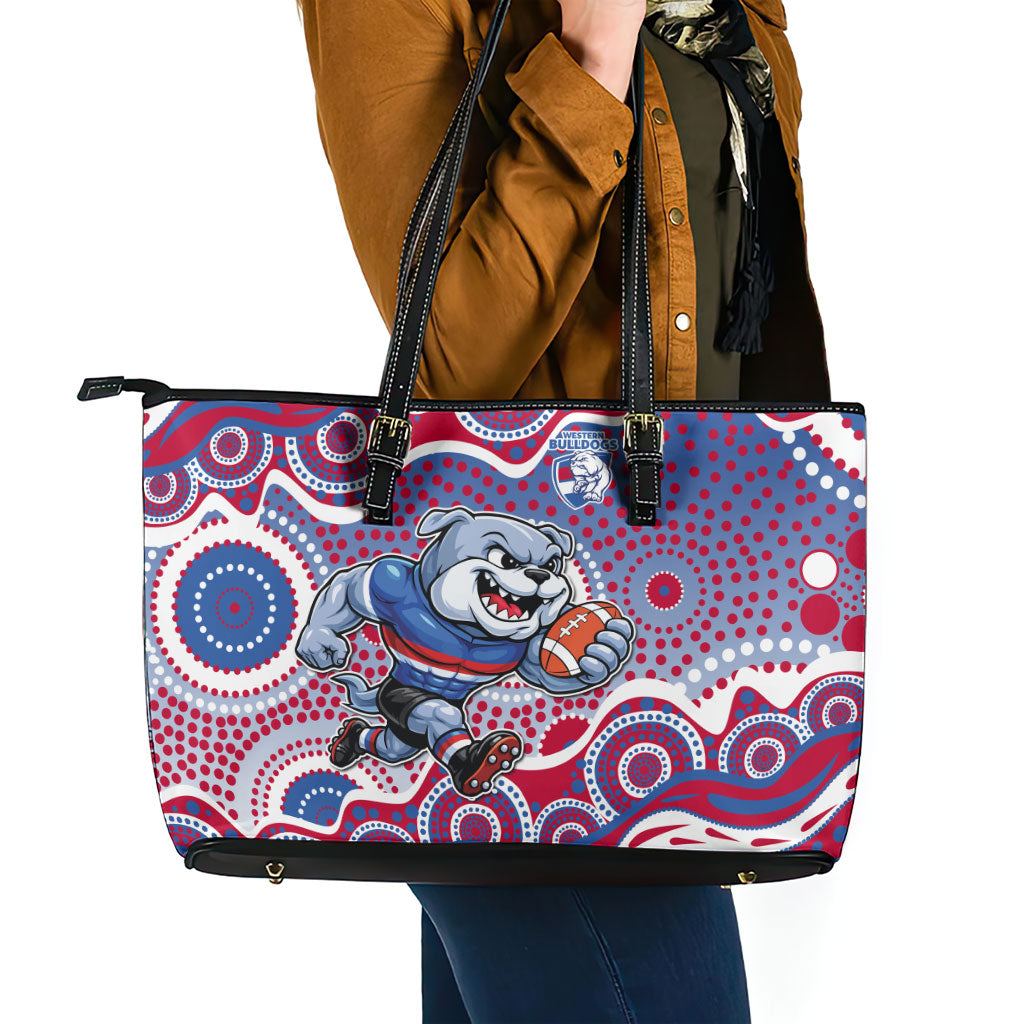 Western Bulldogs Leather Tote Bag Aboriginal Dot Pattern - Football Mascot Heritage Pride
