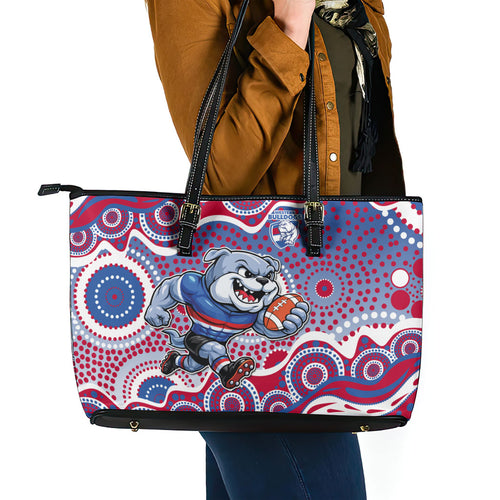 Western Bulldogs Leather Tote Bag Aboriginal Dot Pattern - Football Mascot Heritage Pride
