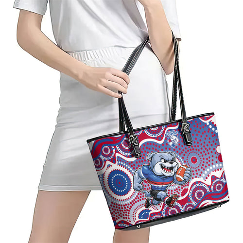 Western Bulldogs Leather Tote Bag Aboriginal Dot Pattern - Football Mascot Heritage Pride