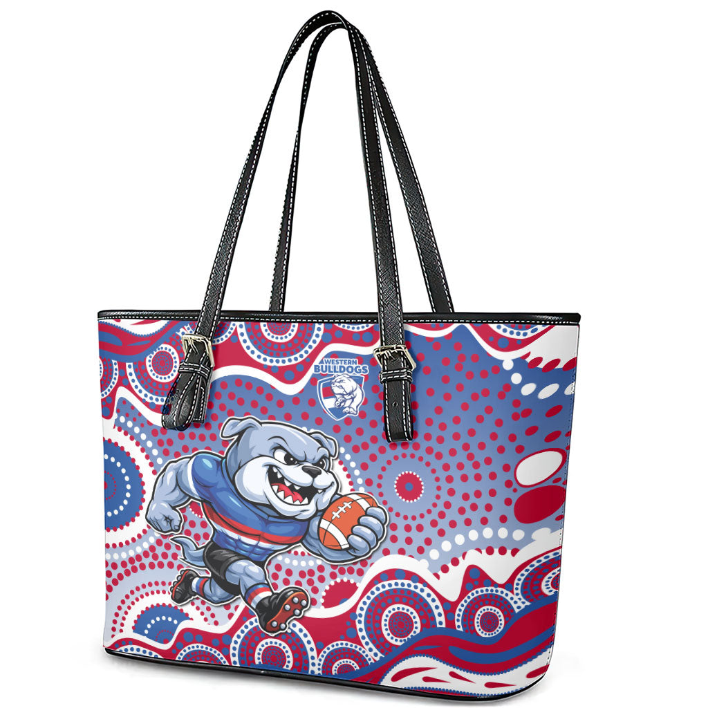 Western Bulldogs Leather Tote Bag Aboriginal Dot Pattern - Football Mascot Heritage Pride