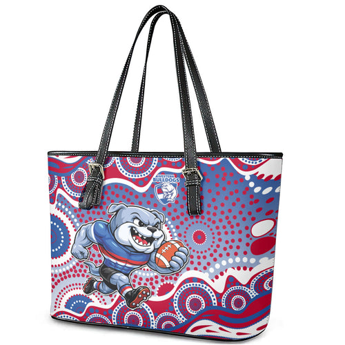 Western Bulldogs Leather Tote Bag Aboriginal Dot Pattern - Football Mascot Heritage Pride
