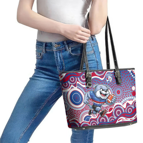 Western Bulldogs Leather Tote Bag Aboriginal Dot Pattern - Football Mascot Heritage Pride