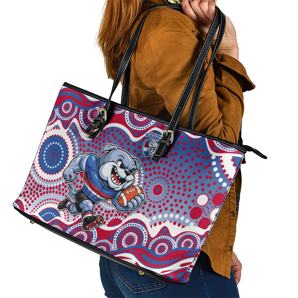 Western Bulldogs Leather Tote Bag Aboriginal Dot Pattern - Football Mascot Heritage Pride