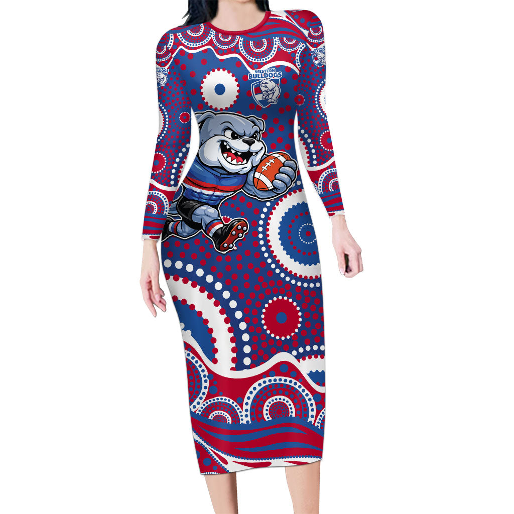 Western Bulldogs Long Sleeve Bodycon Dress Aboriginal Dot Pattern - Football Mascot Heritage Pride