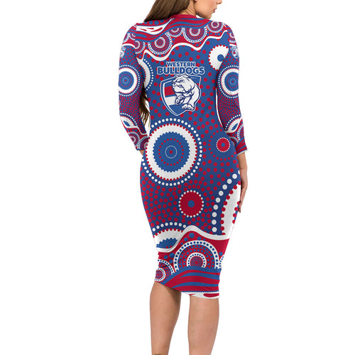 Western Bulldogs Long Sleeve Bodycon Dress Aboriginal Dot Pattern - Football Mascot Heritage Pride
