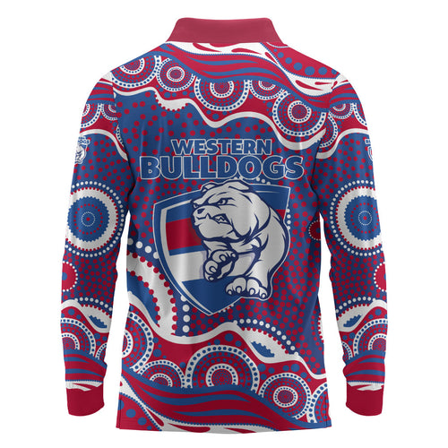Western Bulldogs Long Sleeve Polo Shirt Aboriginal Dot Pattern - Football Mascot Heritage Pride